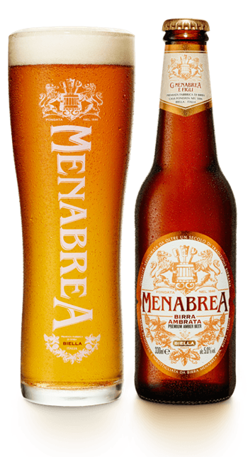 A bottle and glass of Menabrea Ambrata